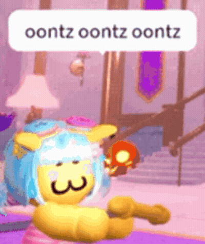 A Cartoon Character With Blue Hair And A Speech Bubble That Says Oontz Oontz Oontz . GIF