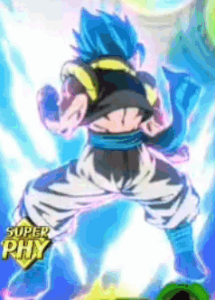 A Cartoon Character With Blue Hair And A Super Phy Logo On The Bottom . GIF