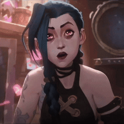 A Cartoon Character With Blue Hair And A Tattoo On Her Arm Is Looking At The Camera . GIF