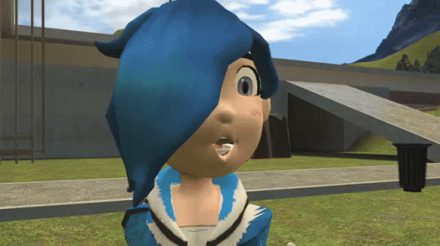 A Cartoon Character With Blue Hair And A White Shirt GIF