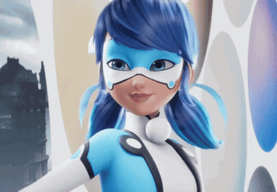 A Cartoon Character With Blue Hair And A White Suit GIF