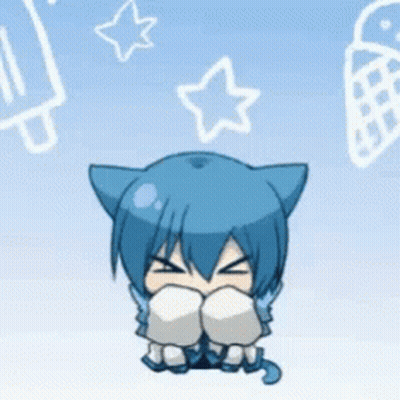 A Cartoon Character With Blue Hair And Cat Ears Covering His Face With His Hands GIF