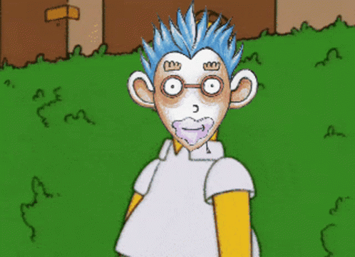 A Cartoon Character With Blue Hair And Glasses Stands In The Grass GIF