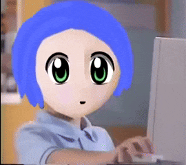 A Cartoon Character With Blue Hair And Green Eyes Is Typing On A Computer GIF