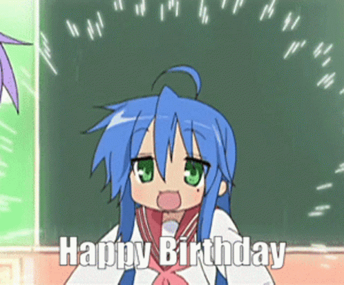 A Cartoon Character With Blue Hair And Green Eyes Says " Happy Birthday " GIF