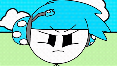 A Cartoon Character With Blue Hair And Headphones Has An Angry Face GIF