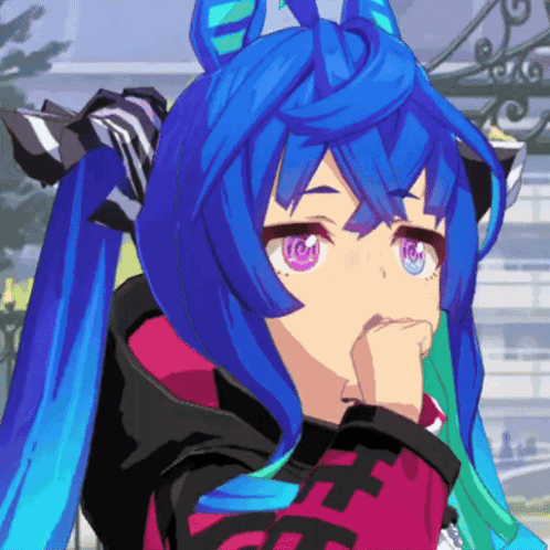 A Cartoon Character With Blue Hair And Purple Eyes GIF