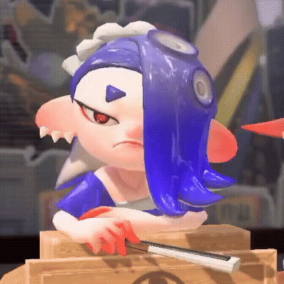 A Cartoon Character With Blue Hair And Red Eyes Is Sitting On A Box GIF