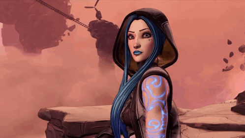A Cartoon Character With Blue Hair And Tattoos On Her Arm GIF