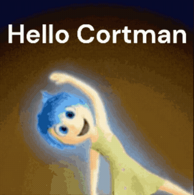 A Cartoon Character With Blue Hair And The Words Hello Cortman On The Bottom GIF