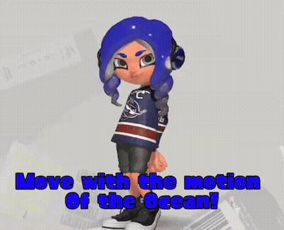 a cartoon character with blue hair and the words move with the motion of the ocean on the bottom