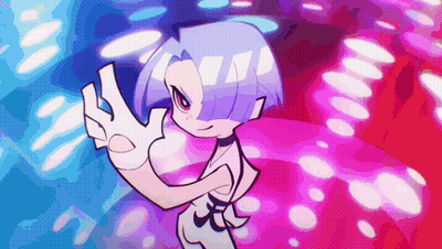 A Cartoon Character With Blue Hair And White Gloves Is Surrounded By Pink And Blue Lights GIF