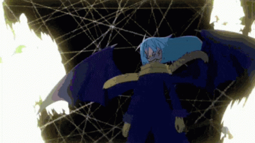 A Cartoon Character With Blue Hair And Wings Is Standing In Front Of A Wall GIF