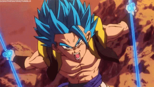 A Cartoon Character With Blue Hair Is Holding A Sword In His Hand . GIF