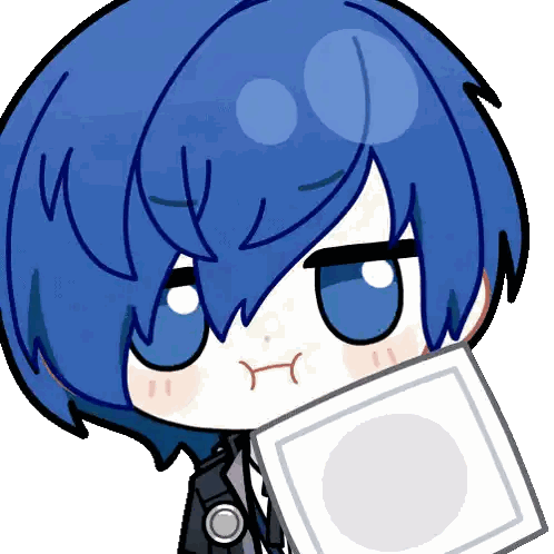 A Cartoon Character With Blue Hair Is Holding A White Square Sticker