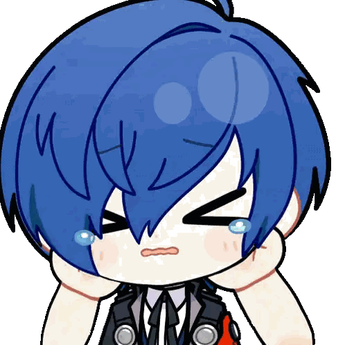 A Cartoon Character With Blue Hair Is Holding His Head Sticker