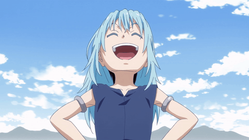 A Cartoon Character With Blue Hair Is Laughing With Her Mouth Open GIF