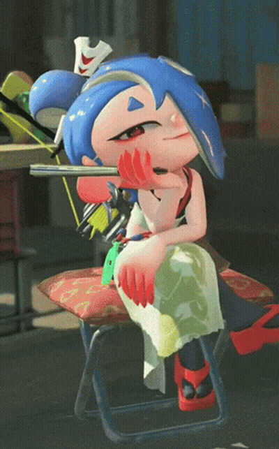A Cartoon Character With Blue Hair Is Sitting On A Stool GIF