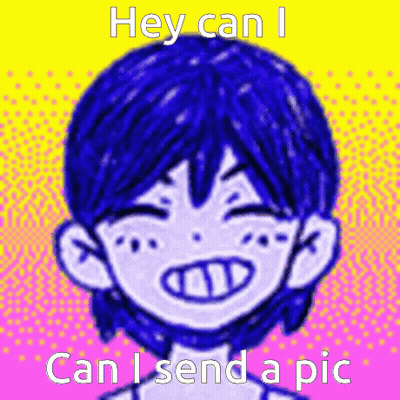 A Cartoon Character With Blue Hair Is Smiling And Asking If He Can Send A Picture . GIF
