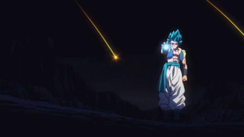 A Cartoon Character With Blue Hair Is Standing In A Desert Looking At The Sun GIF