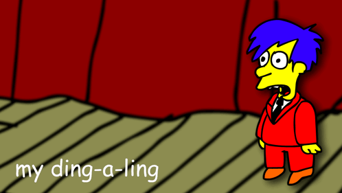 A Cartoon Character With Blue Hair Is Standing In Front Of A Red Curtain With The Words My Ding-A-Ling Below Him GIF