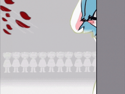 A Cartoon Character With Blue Hair Is Standing In Front Of A Row Of Silhouettes Of Girls GIF