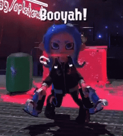 A Cartoon Character With Blue Hair Is Standing In Front Of A Sign Which Says Booyah GIF