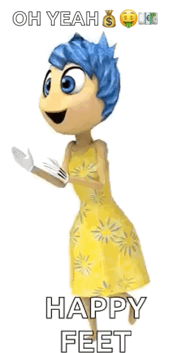 A Cartoon Character With Blue Hair Is Wearing A Yellow Dress And Saying `` Oh Yeah Happy Feet '' . GIF