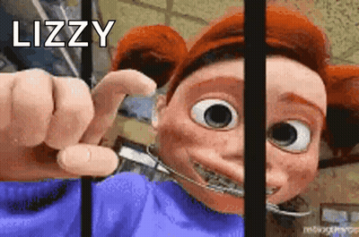 A Cartoon Character With Braces On Her Teeth Is Pointing At The Camera With The Word Lizzy Above Her Head . GIF