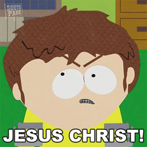 A Cartoon Character With Braces On His Teeth Says " Jesus Christ " GIF