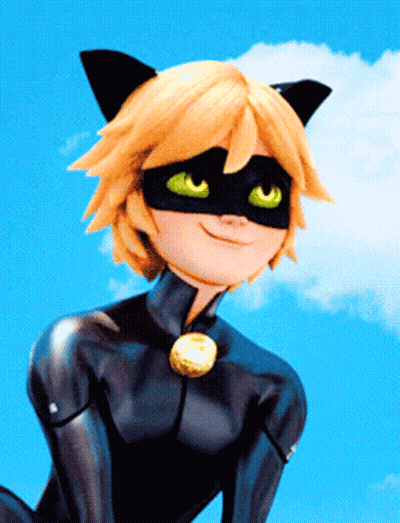 A Cartoon Character With Cat Ears And Green Eyes Is Wearing A Black Suit GIF