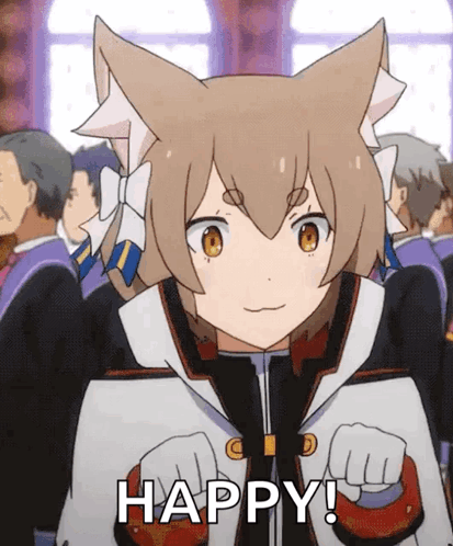 A Cartoon Character With Cat Ears Says Happy In Front Of A Crowd Of People GIF