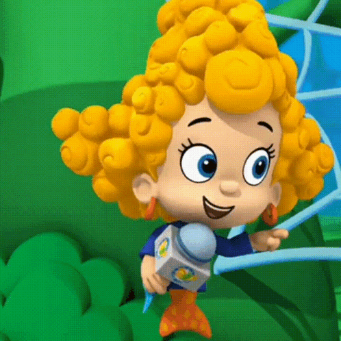 A Cartoon Character With Curly Hair Is Holding A Microphone And Smiling GIF