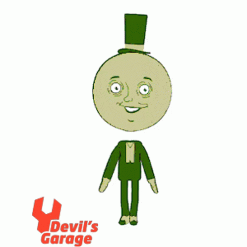 A Cartoon Character With Devil 'S Garage Written On It GIF