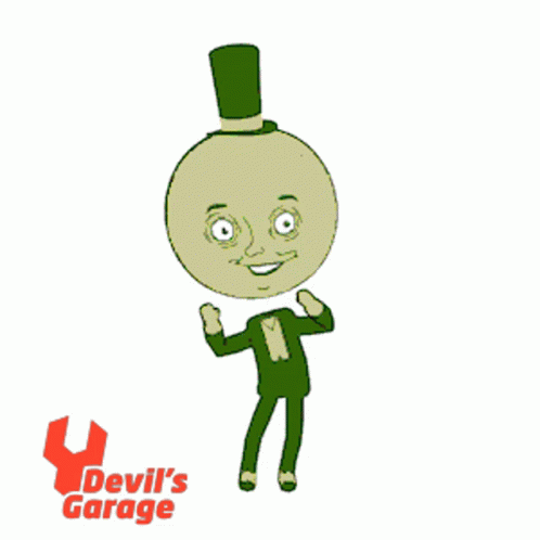 A Cartoon Character With Devil 'S Garage Written On The Bottom Right GIF
