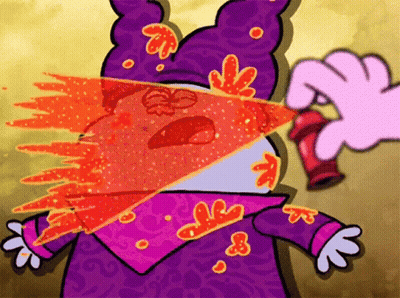 A Cartoon Character With Flames Coming Out Of His Eyes And A Purple Hat GIF
