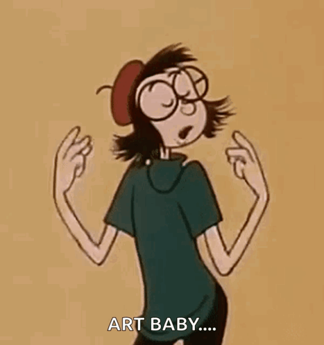 A Cartoon Character With Glasses And A Beret Is Dancing And Says `` Art Baby '' . GIF