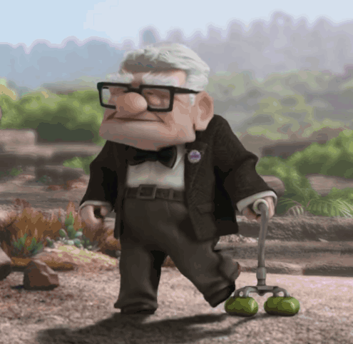 A Cartoon Character With Glasses And A Cane Is Walking GIF