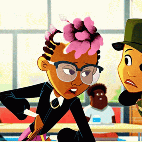 A Cartoon Character With Glasses And A Flower In Her Hair Is Talking To Another Character GIF