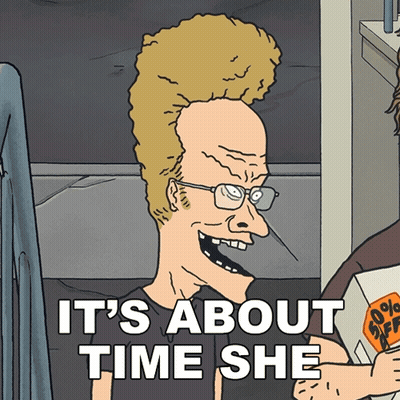 A Cartoon Character With Glasses And A Mohawk Says " It 'S About Time She " GIF