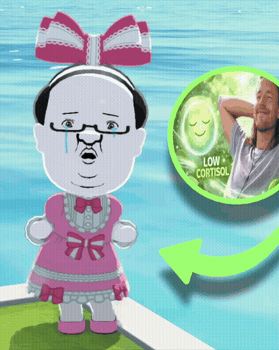 A Cartoon Character With Glasses And A Pink Bow Has A Picture Of A Man With A Smiley Face And The Words Low Cortisol GIF