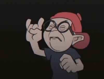 A Cartoon Character With Glasses And A Red Hat Is Making A Devil Horns Sign GIF