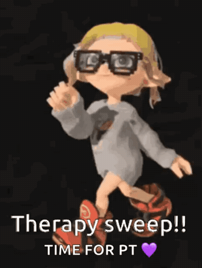 A Cartoon Character With Glasses And A Sweater Says Therapy Sweep !! Time For Pt GIF