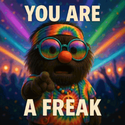 A Cartoon Character With Glasses And A Tie Dye Shirt Points At The Camera With The Words You Are A Freak Below Him GIF