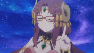 A Cartoon Character With Glasses And Horns Is Pointing Up GIF