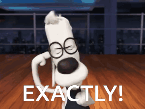 A Cartoon Character With Glasses And The Word Exactly Behind Him GIF