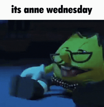 A Cartoon Character With Glasses And The Words It 'S Anne Wednesday Below It GIF