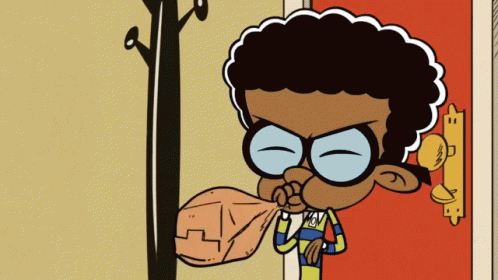 A Cartoon Character With Glasses Holds A Bag In Front Of A Door GIF