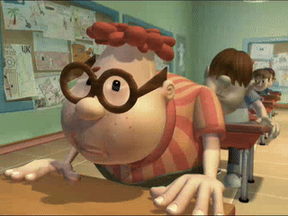 A Cartoon Character With Glasses Is Sitting At A Desk In A Classroom GIF