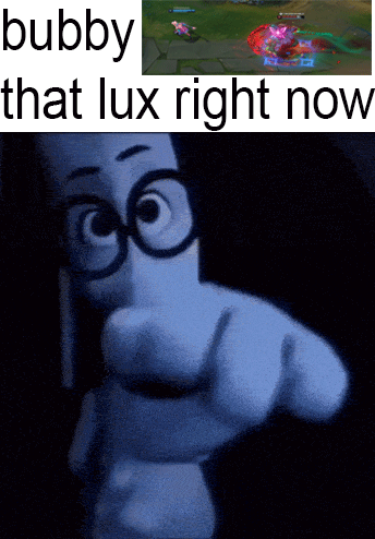 A Cartoon Character With Glasses Pointing At The Camera With The Words Bubby That Lux Right Now GIF